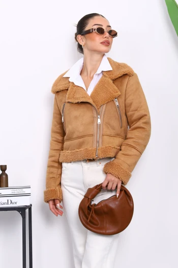 Camel Peluş Kısa Süet Mont