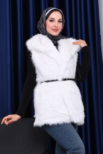 Ekru Astarlı Kemerli Kürk Yelek