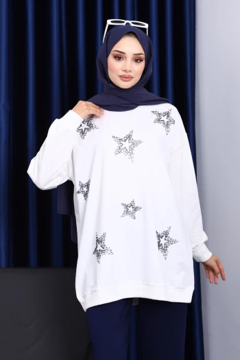 Ekru Bisiklet Yaka Taşlı Modal Sweatshirt