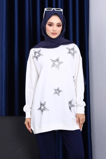 Ekru Bisiklet Yaka Taşlı Modal Sweatshirt