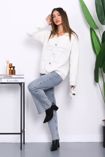 Ekru Dik Yaka Angora Yumoş Hırka