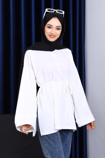 Ekru Dikiş Detaylı Yanları Yırtmaçlı Sweatshirt