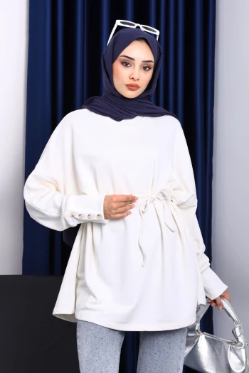 Ekru Düğme Detaylı Oversize Sweatshirt