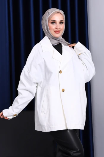 Ekru Düğmeli Oversize Kanvas Ceket