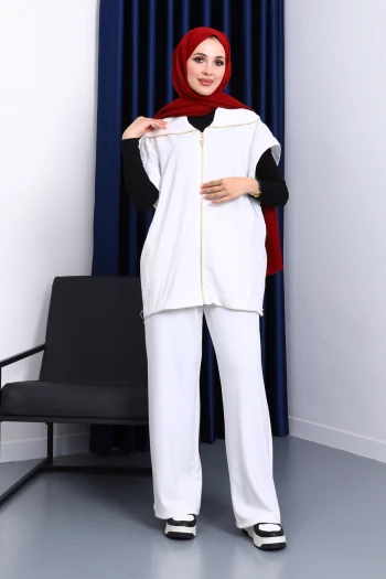 Ekru Fermuarlı Tunik Pantolonlu Takım