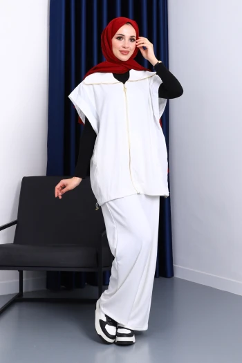 Ekru Fermuarlı Tunik Pantolonlu Takım