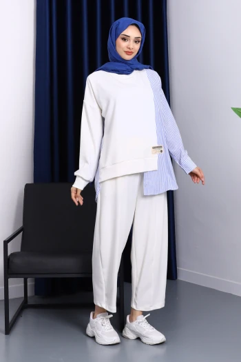 Ekru Garnili Tunik Pantolonlu Çizgili Takım