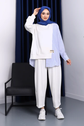 Ekru Garnili Tunik Pantolonlu Çizgili Takım