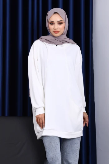 Ekru Kapşonlu Çift Cepli Tunik