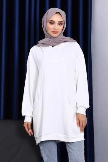 Ekru Kapşonlu Çift Cepli Tunik