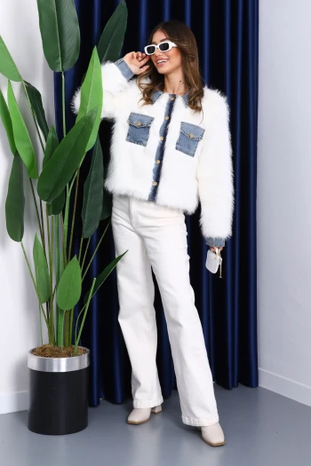 Ekru Kot Detaylı Cepli Kürk Ceket