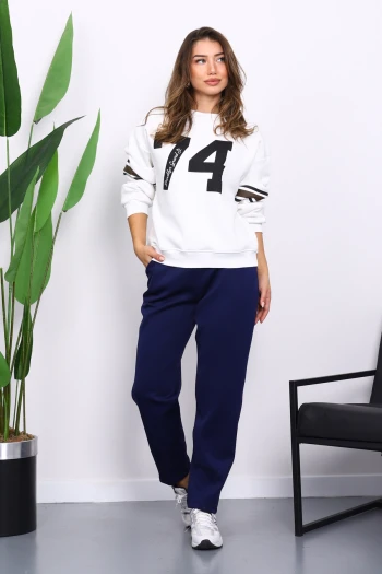 Ekru Ön Ve Kol Baskılı Üç İplik Sweat