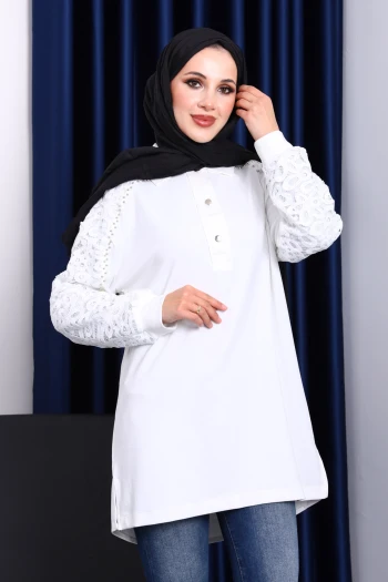 Ekru Taş İşlemeli Düğmeli Tunik