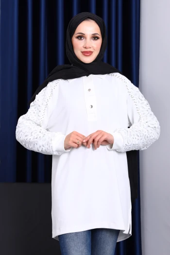 Ekru Taş İşlemeli Düğmeli Tunik