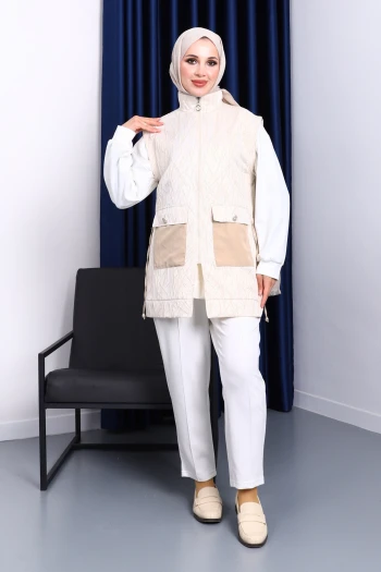 Ekru Tunik Yelek Pantolon Üçlü Kombin Takım