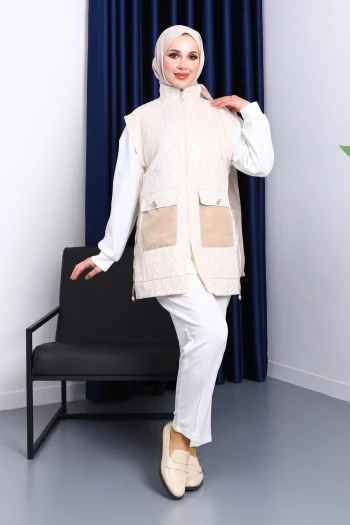Ekru Tunik Yelek Pantolon Üçlü Kombin Takım