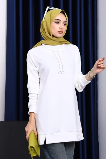 Ekru Yaka Detaylı Modal Tunik