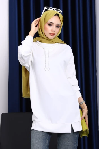 Ekru Yaka Detaylı Modal Tunik
