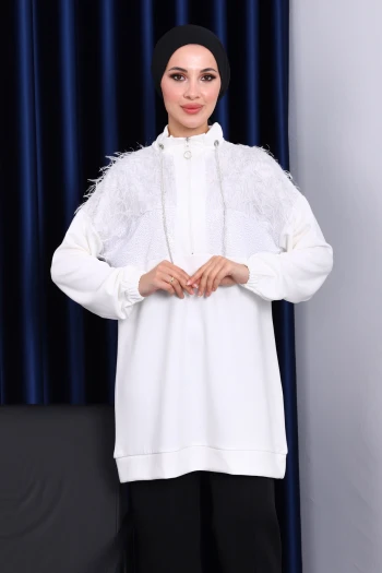 Ekru Yaka Fermuarlı Püsküllü Tunik