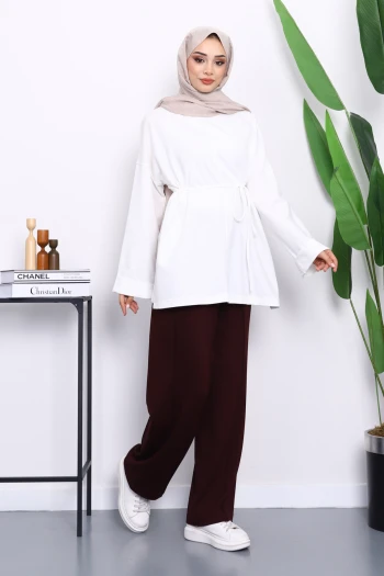 Ekru Yanları Yırtmaçlı Bel İpli Tunik