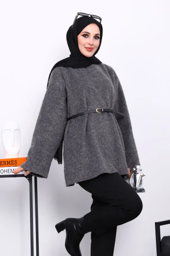 Füme Bel Kemerli Angora Tunik
