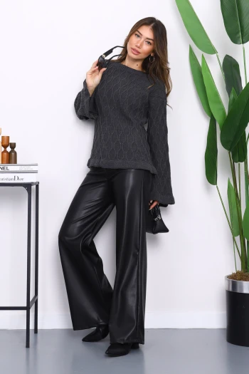 Füme Bel Ve Kol Ucu Fırfırlı Triko Kazak