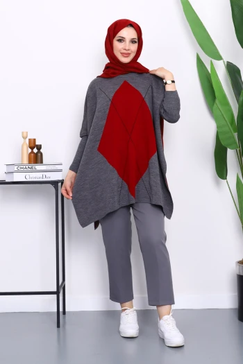 Füme Bordo Bisiklet Yaka Yan Yırtmaçlı Panço