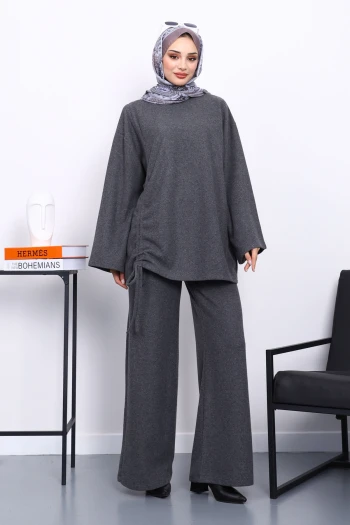 Füme Büzgü Detaylı Fitilli Tunik Pantolonlu Takım