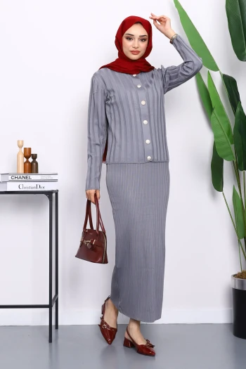 Füme Crop Hırka Triko Elbise İkili Kombin