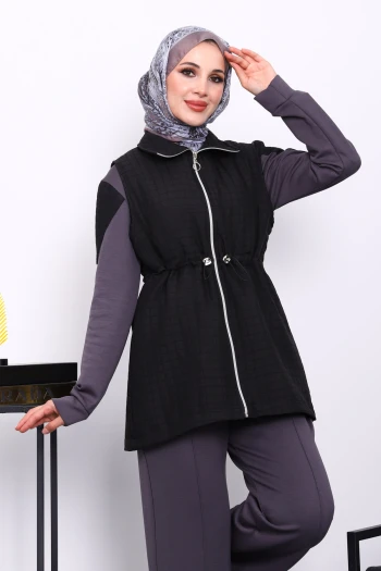 Füme Kapitone Yelekli Tunik Pantolonlu Takım