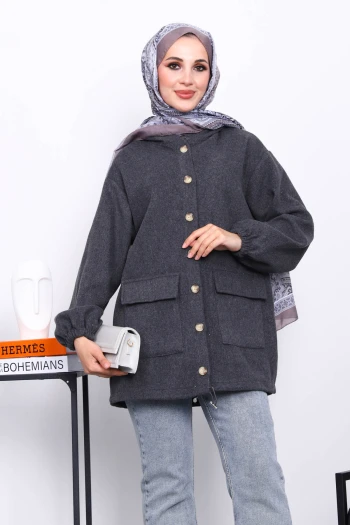Füme Kapüşonlu  Düğmeli İnce Kaşe Ceket