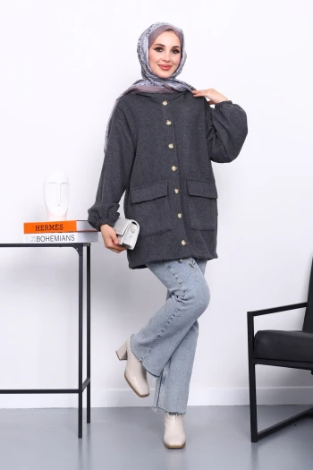Füme Kapüşonlu  Düğmeli İnce Kaşe Ceket