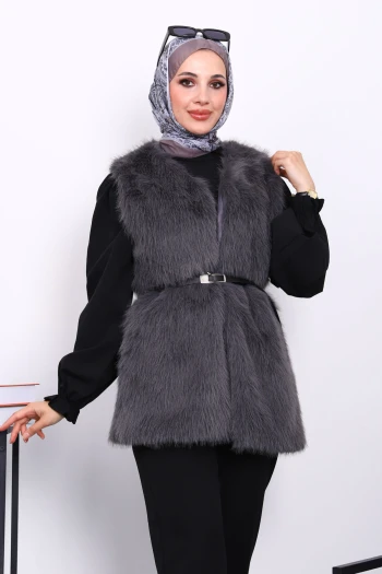 Füme Kemerli Astarlı Kürk Yelek