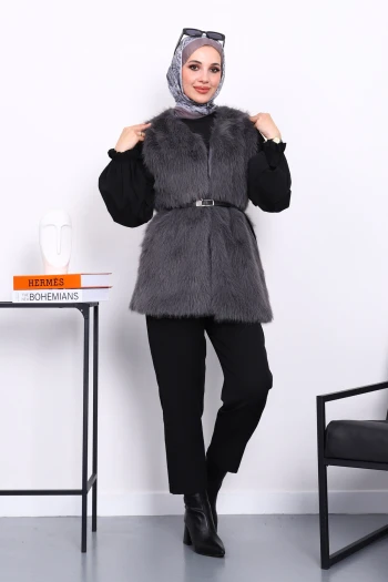 Füme Kemerli Astarlı Kürk Yelek