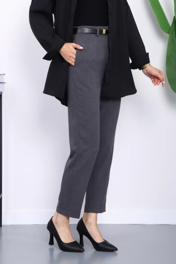 Füme Kemerli Önü Pensli Havuç Kumaş Pantolon