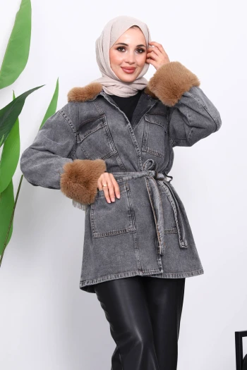 Füme Kol Yaka Kürklü Kot Ceket