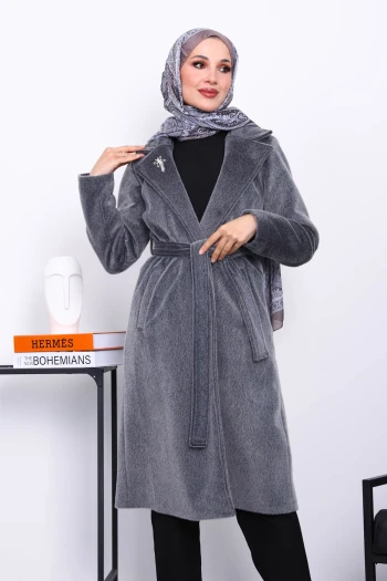 Füme Kruvaze Yaka Cepli Angora Kaban