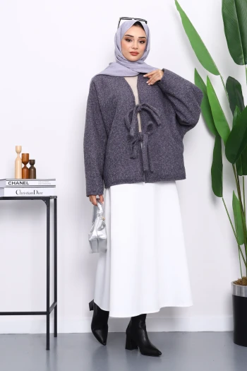 Füme Önü Bağlamalı Keçe Kimono Ceket