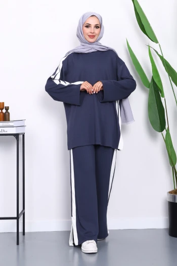 Füme Renk Bloklu Tunik Pantolonlu Takım