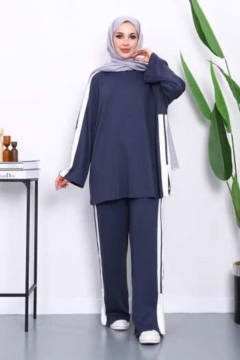 Füme Renk Bloklu Tunik Pantolonlu Takım