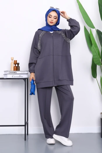 Füme Taş Detaylı Fermuarlı Pantolonlu Tunik Modal Takım