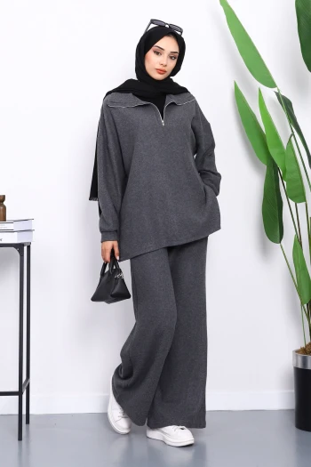 Füme Yaka Fermuarlı Tunik Pantolonlu Fitilli Takım