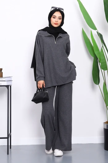 Füme Yaka Fermuarlı Tunik Pantolonlu Fitilli Takım