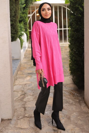 Fuşya Bisiklet Yaka Soğuk İplik Triko Tunik