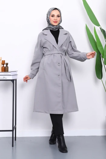 Gri Balon Kol Bel Kemerli Kaşe Kaban