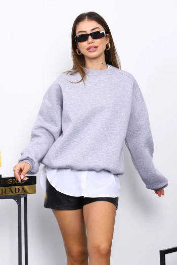 Gri Bisiklert Yaka Üç İplik Sweat