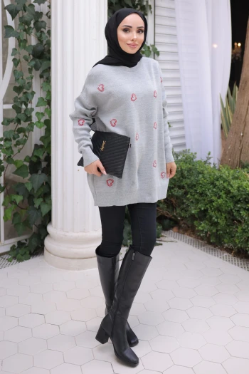 Gri Kalp Nakışlı Triko Tunik