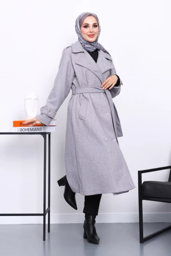 Gri Kruvaze Yaka Kuşaklı Kaşe Kaban