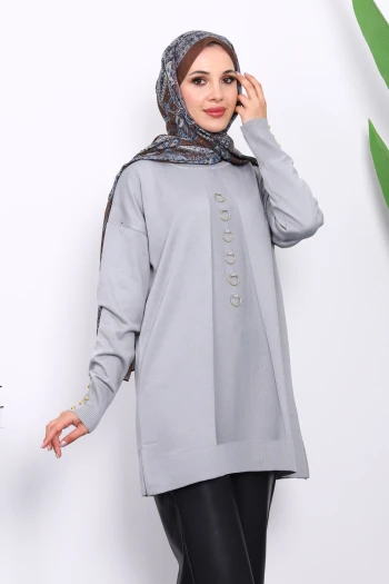 Gri Ön Detaylı Soğuk İplik Triko Tunik