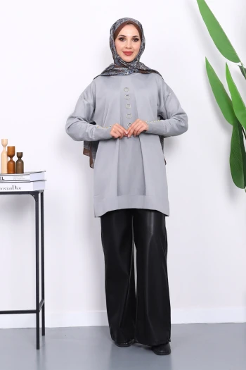 Gri Ön Detaylı Soğuk İplik Triko Tunik